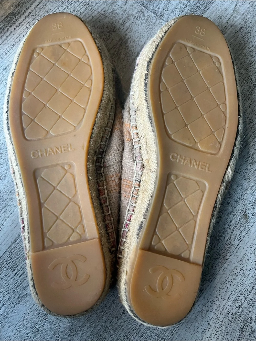 CHANEL Beige & Pink Wool Espadrille Flats with CC Logo